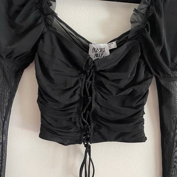 Princess Polly Wmn 4 Black Mesh Gothic Long Sleeve Lace Up Cropped Nola Rain Top - Picture 6 of 12